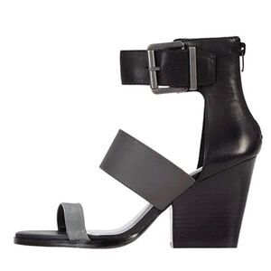 Very Volatile Tonalite Black/Grey Chunky Wedge Sandals w/Gunmetal Grey Buckle an